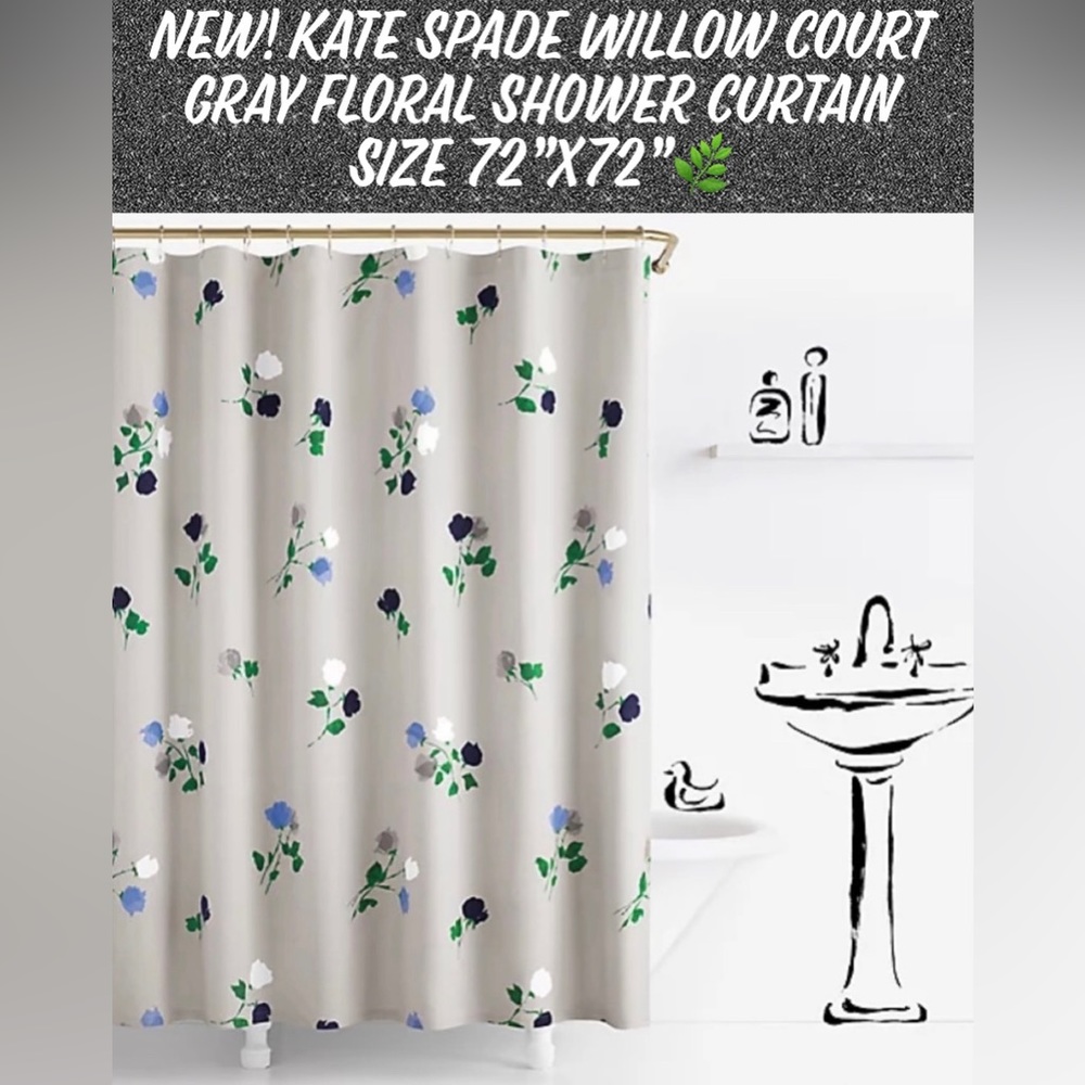 New! Kate Spade Willow Court Gray Floral Shower Curtain Size 72”x72”🌿